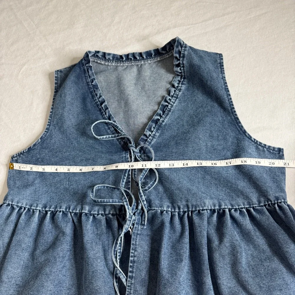 Blue Denim Ruffle Bottom Vest Tie Front Tank Top Cottagecore Boho Womens Large